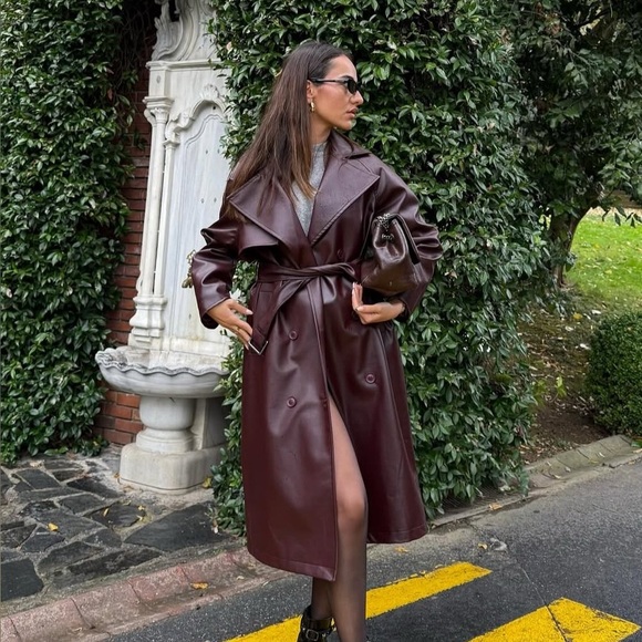 Burgundy Plato Faux Leather Buckle Trench Coat - Picture 4 of 14